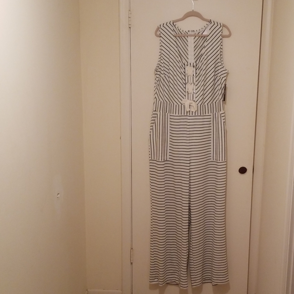 NY&Co NWT White & Black Striped Lace-Up Jumpsuit